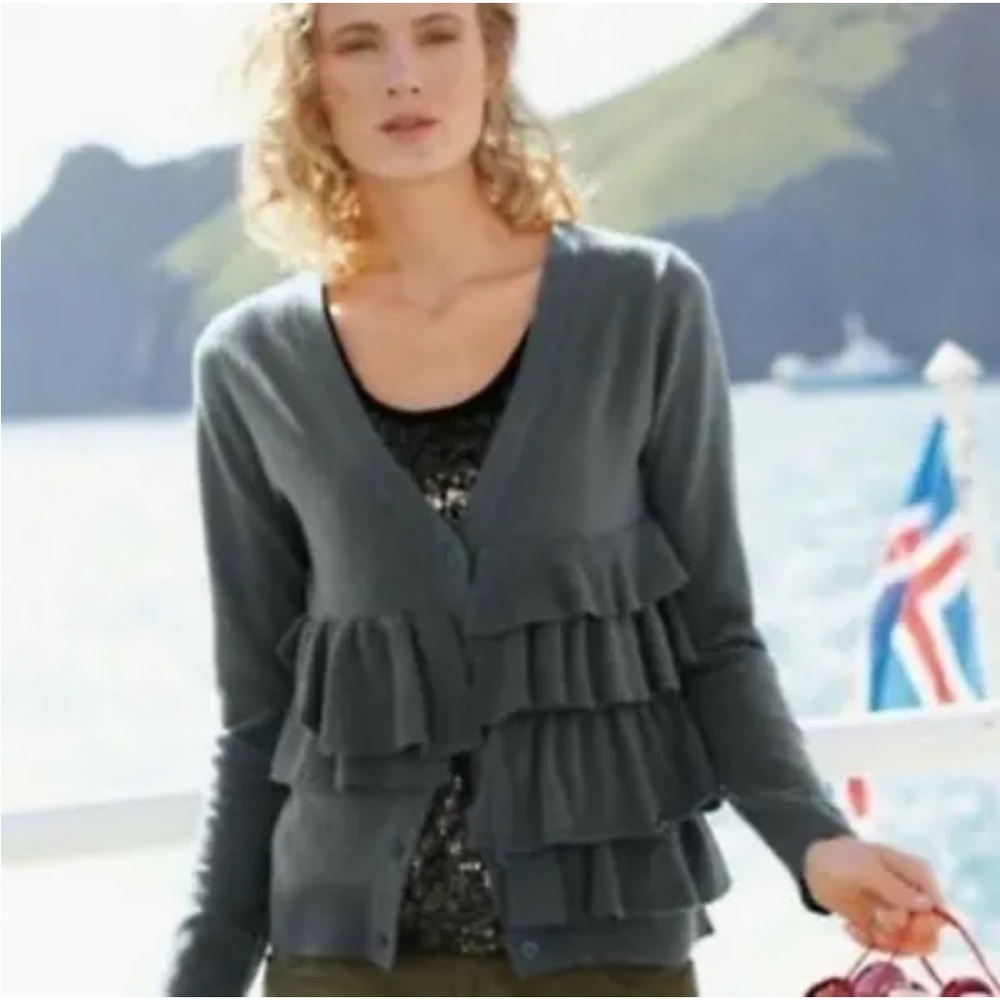 Garnet Hill Ruffle Cardigan Wool Sweater Gray Long Sleeve Women's Size Small - Picture 1 of 8